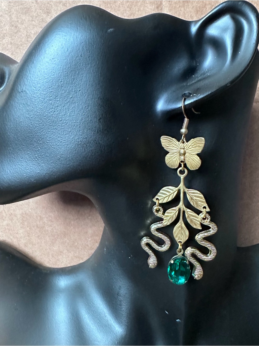 Brass Whimsigoth Botanical Celestial emerald green gold tone drop earrings